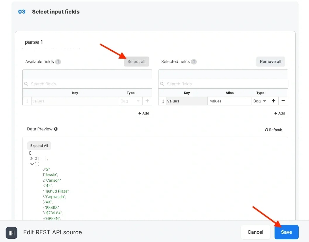 Input fields with values moved to selected fields
