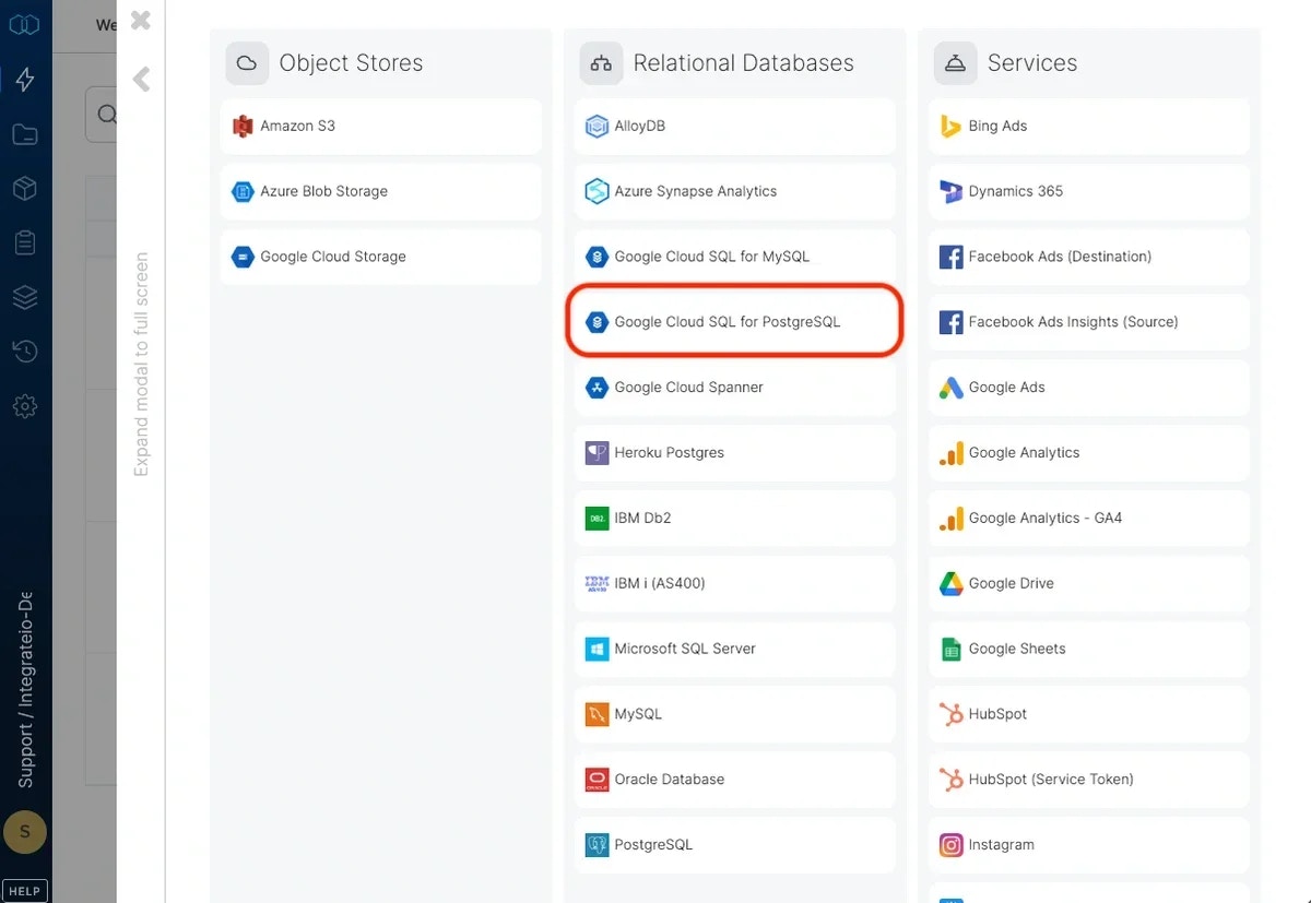 Selecting Google Cloud SQL for PostgreSQL as the connection type