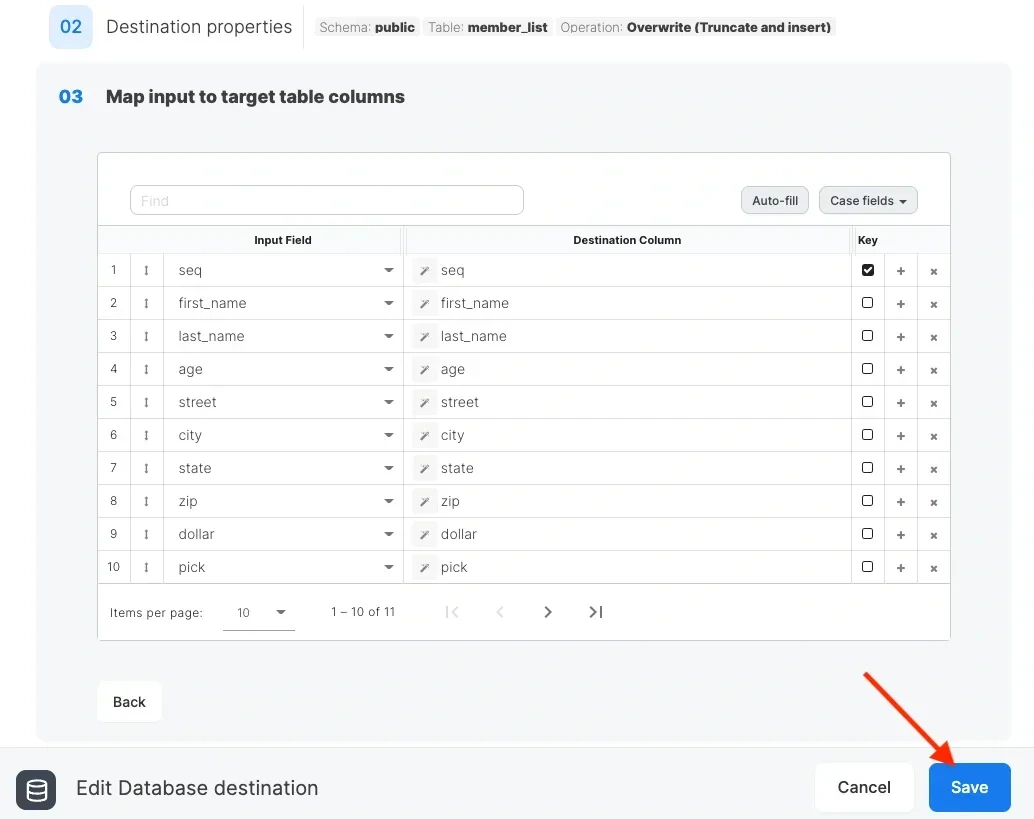 Schema mapping with auto-filled fields and merge key selection