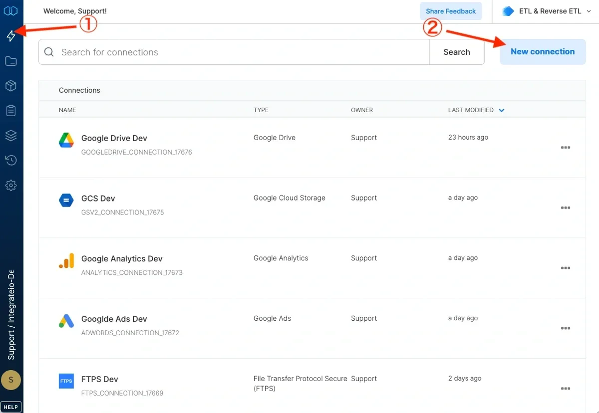 New connection button in the Connections menu