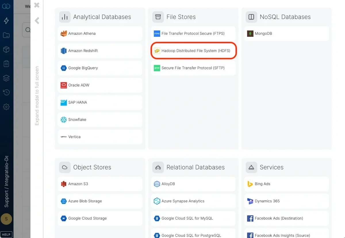 Selecting Hadoop Distributed File System from the connection type list