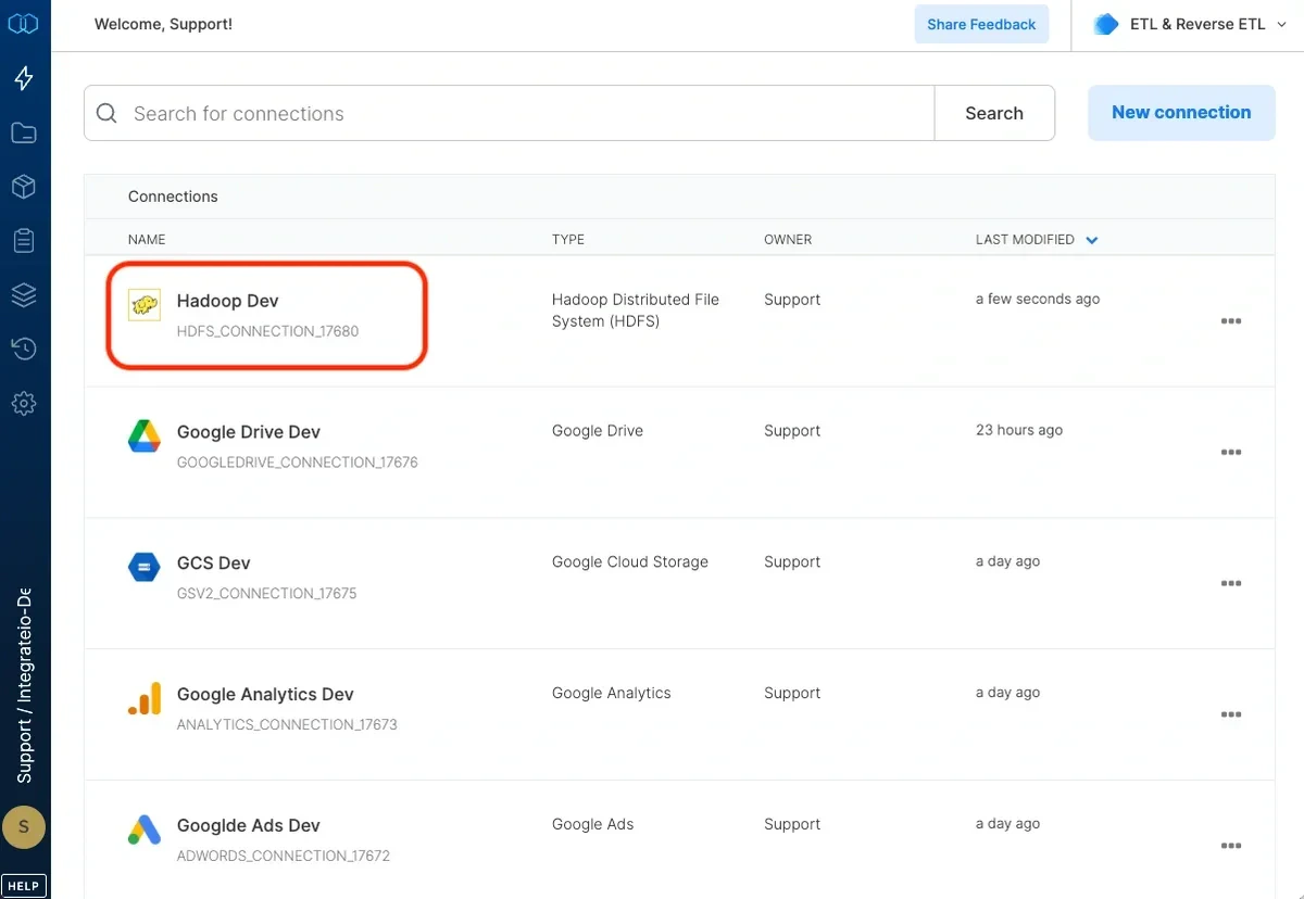 HDFS connection created and listed in file storage connections