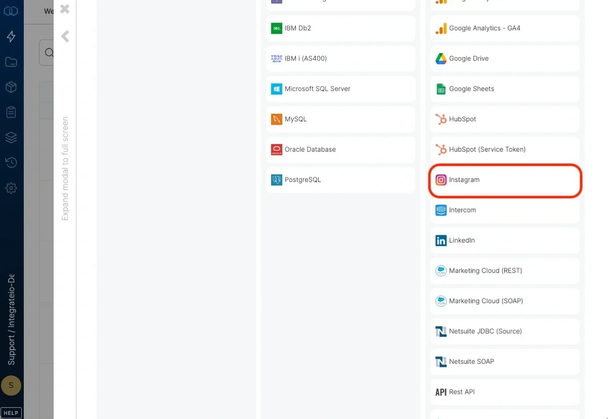 Selecting Instagram from the connection type list
