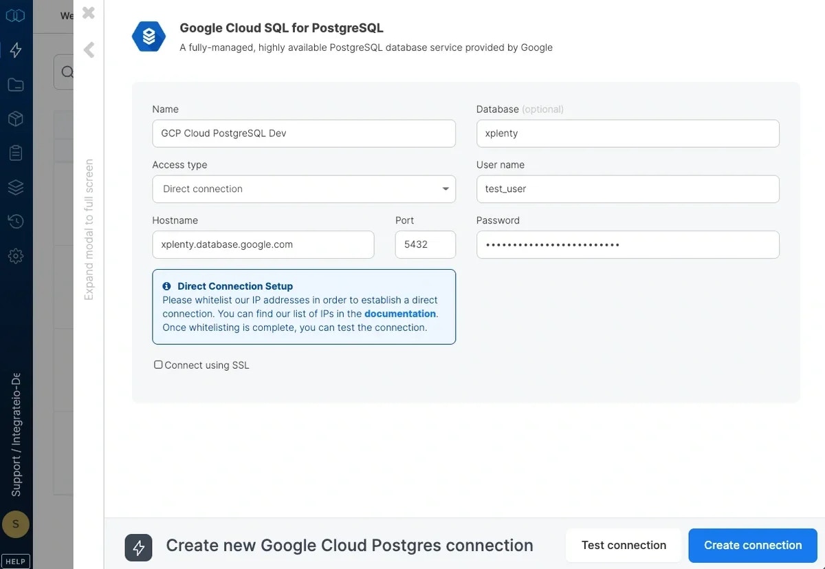 Completed Google Cloud SQL for PostgreSQL connection configuration form