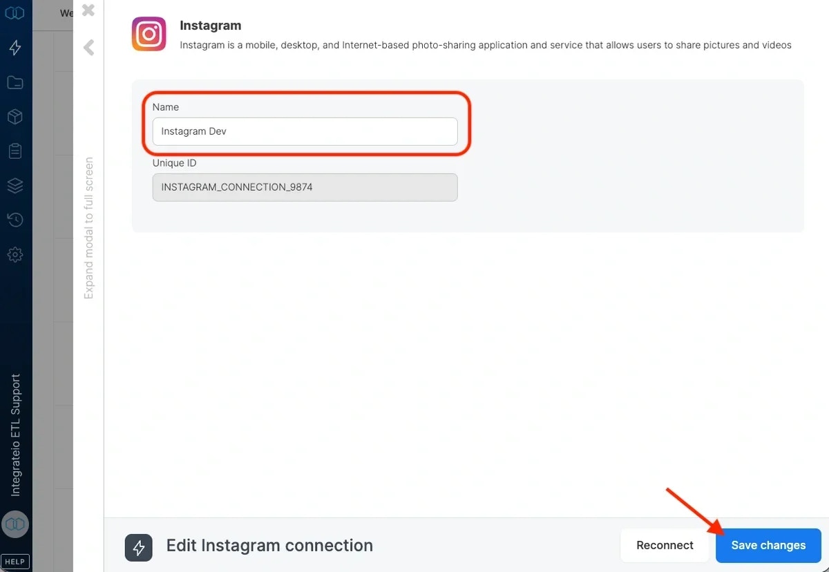 Naming the Instagram connection and saving changes