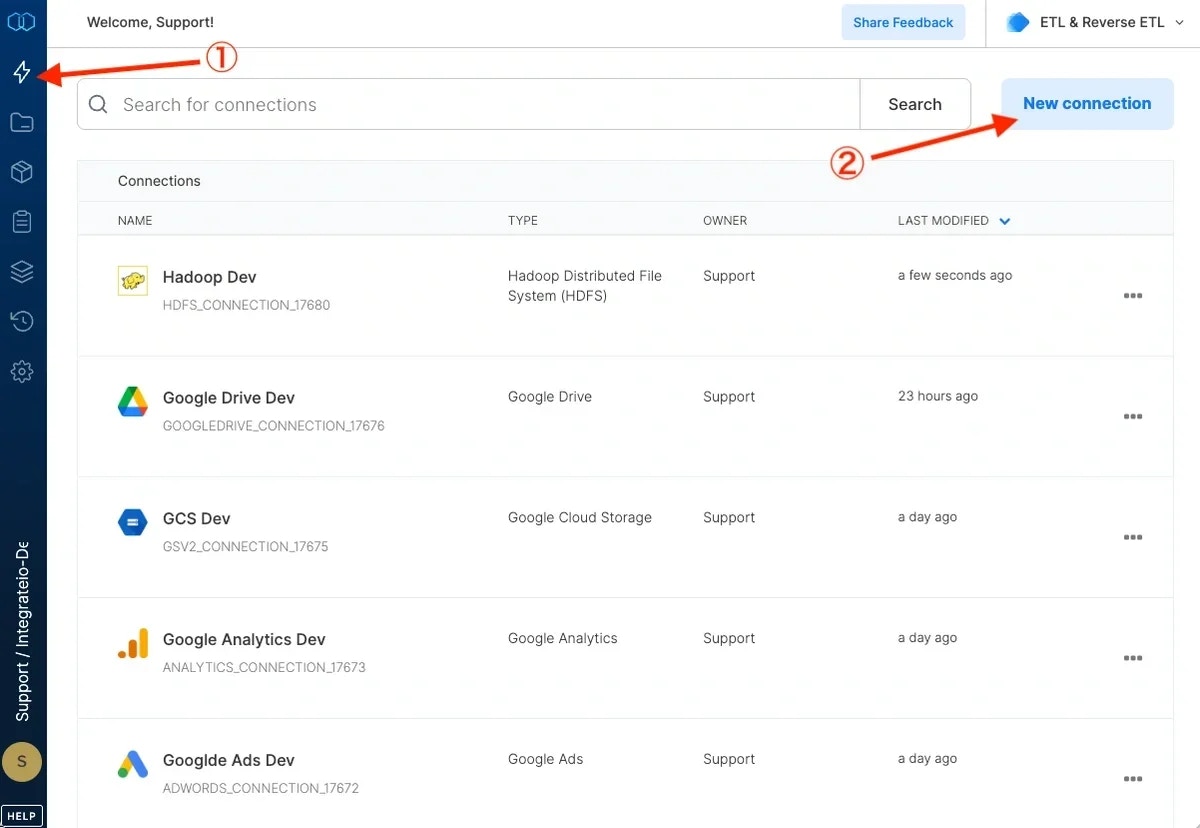 New connection button in the Connections menu