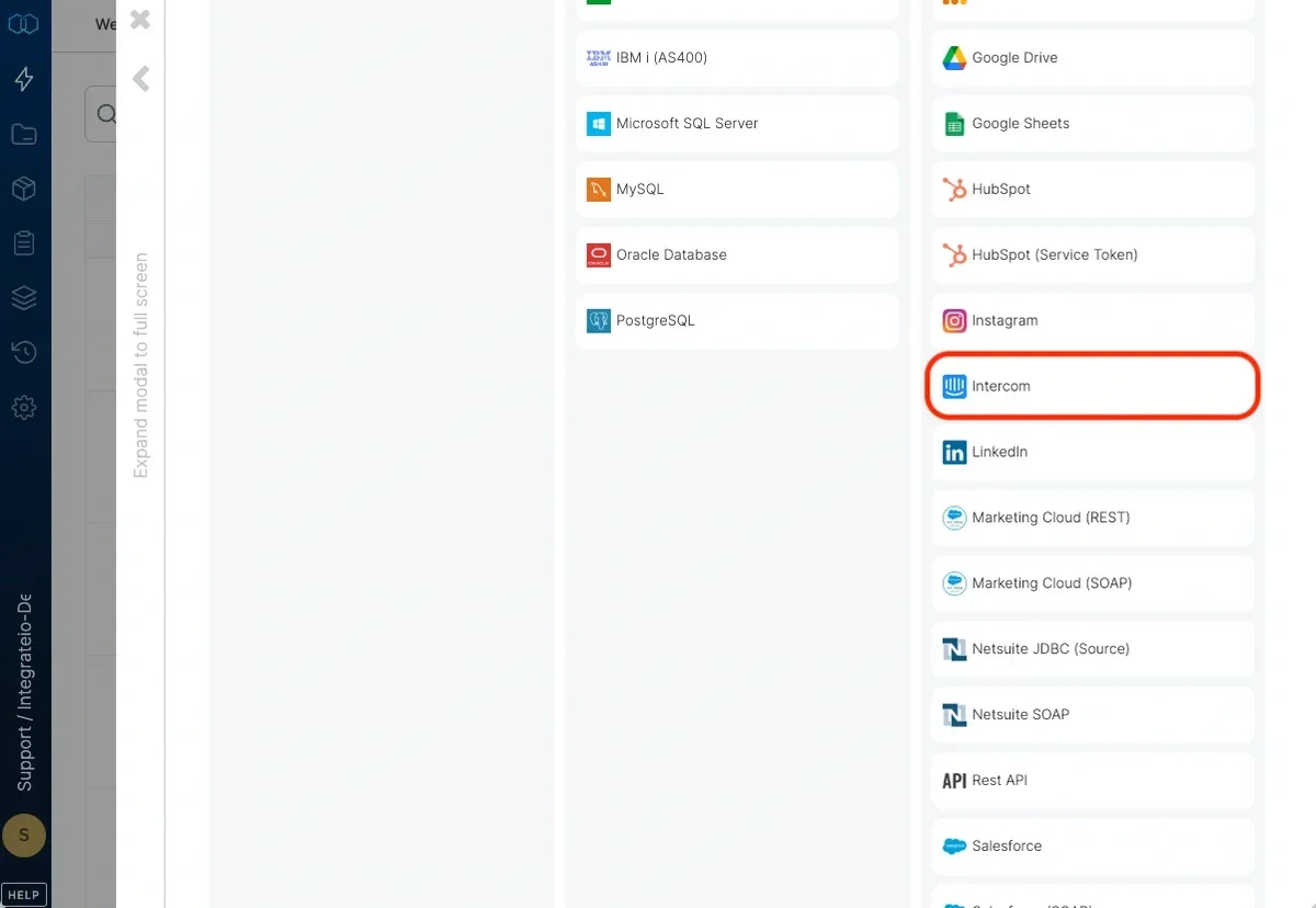 Selecting Intercom from the connection type list