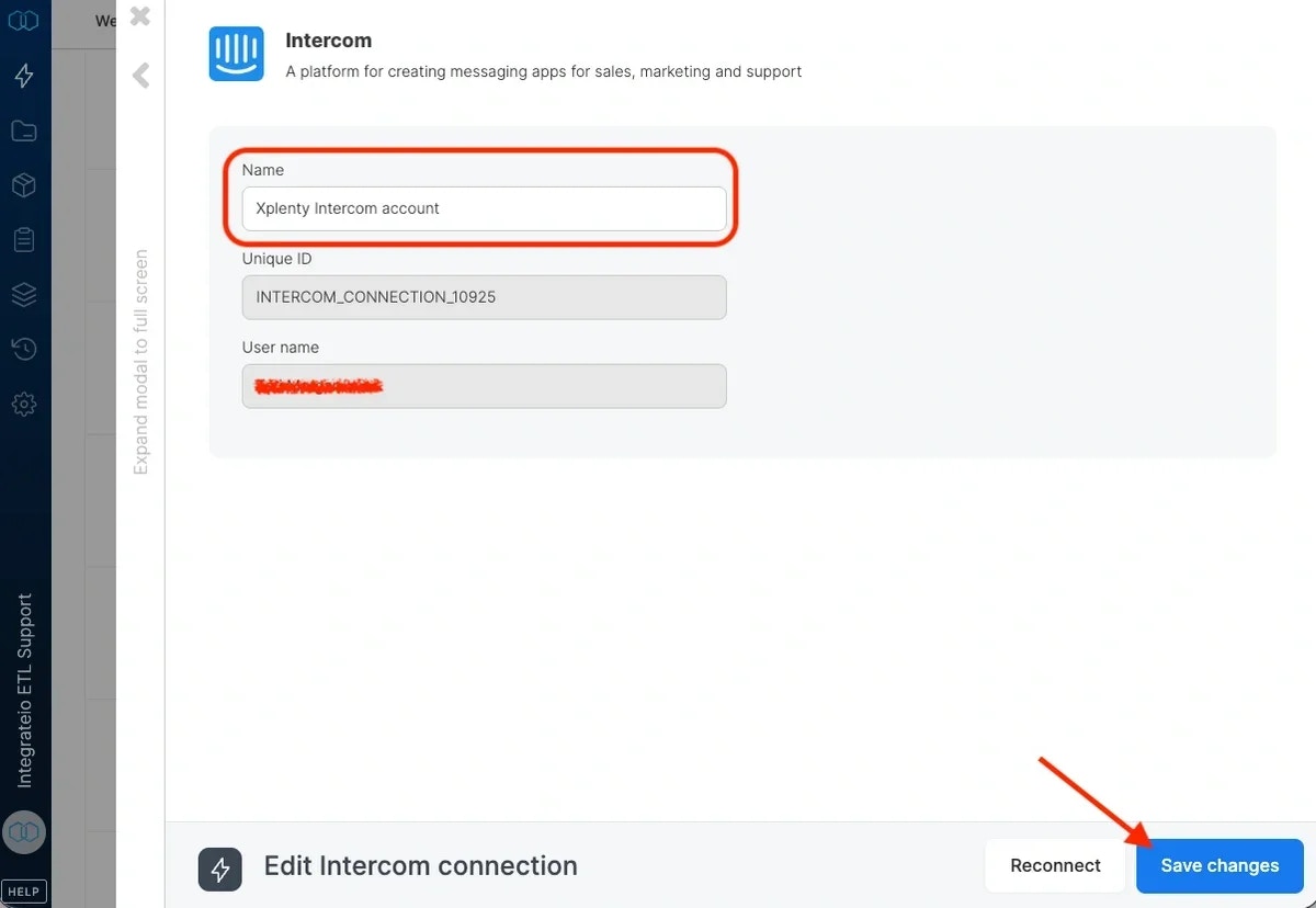 Naming the Intercom connection and saving changes