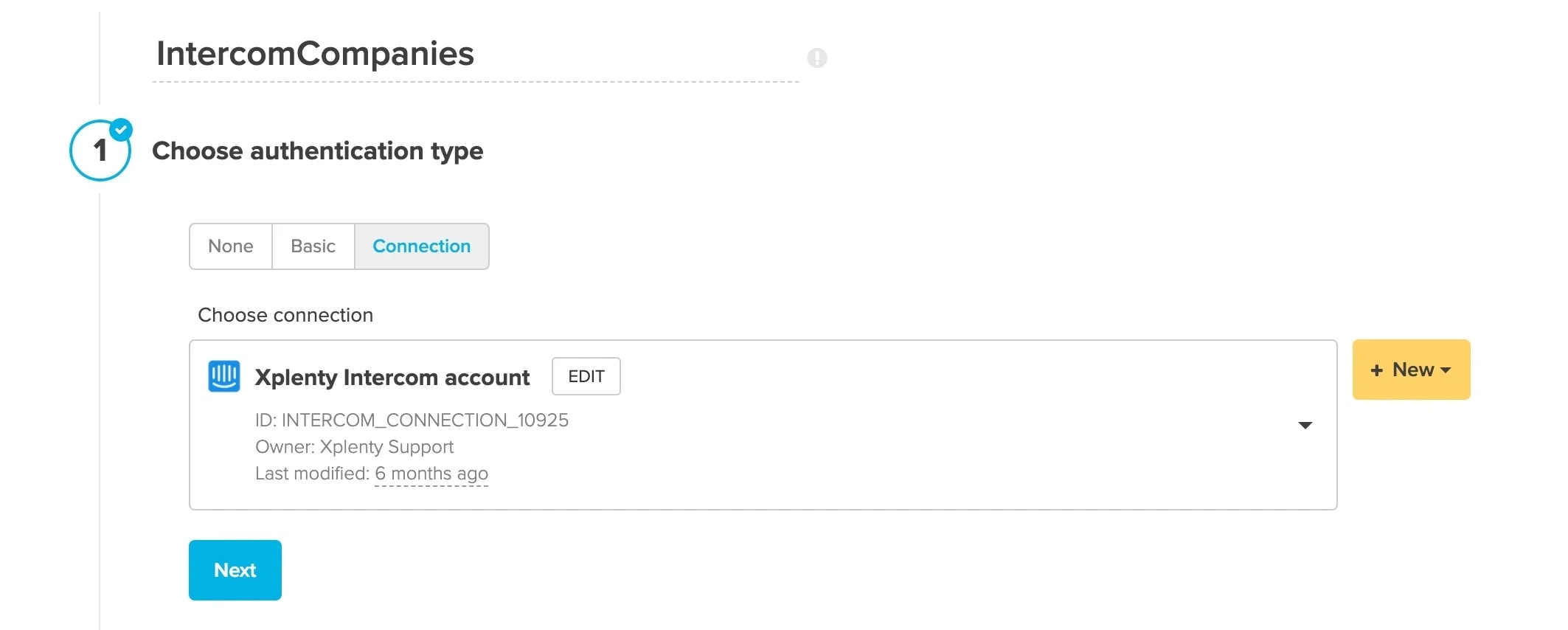 REST API component authentication with Intercom connection selected