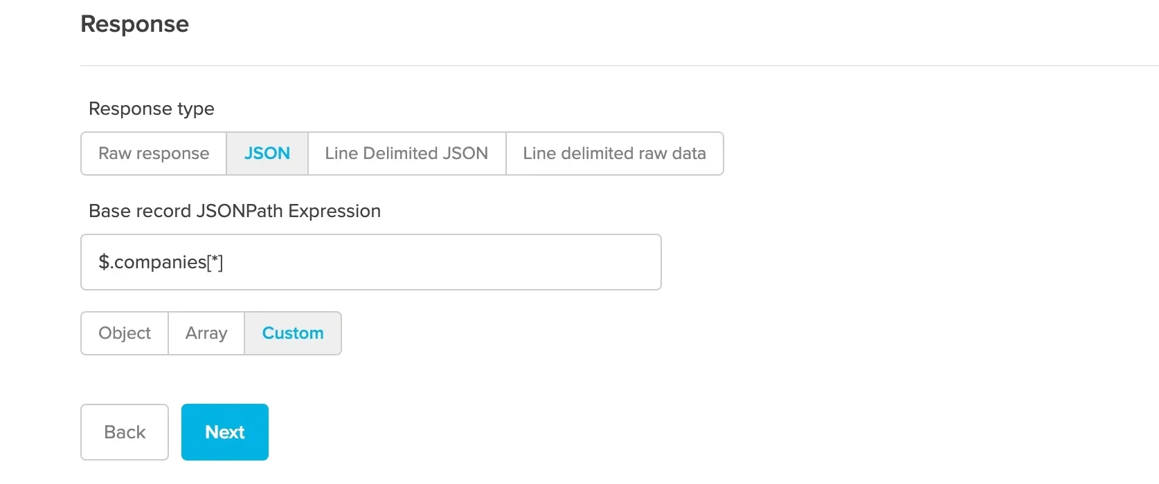 JSON response with base record JSONPath expression for companies