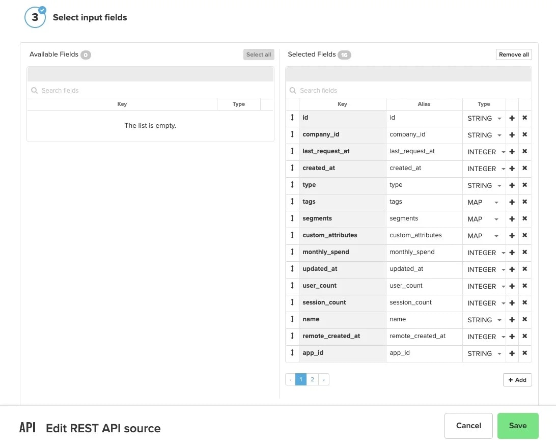 Input fields selection with available and selected fields