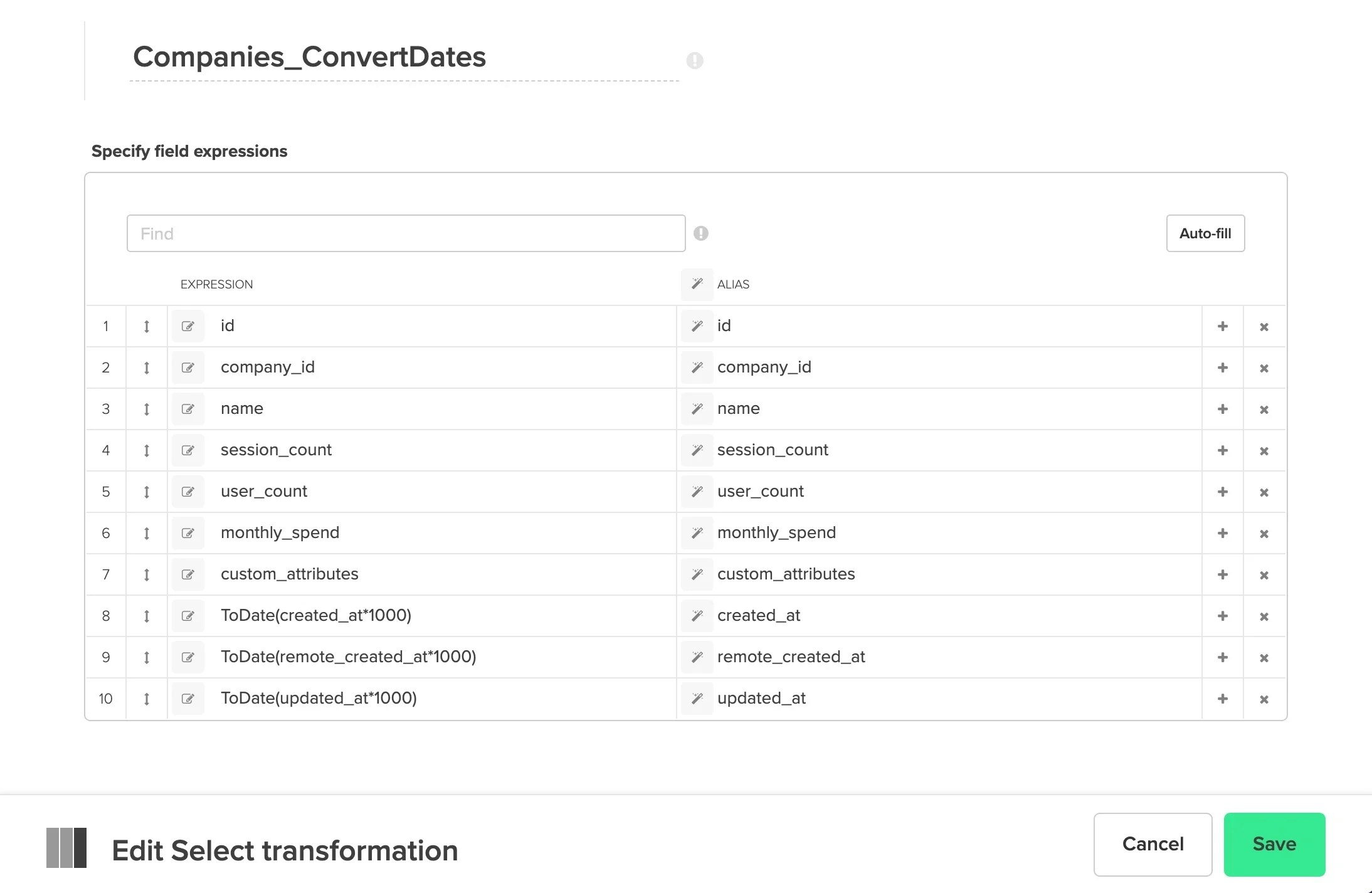 Select component converting Unix timestamps with ToDate function