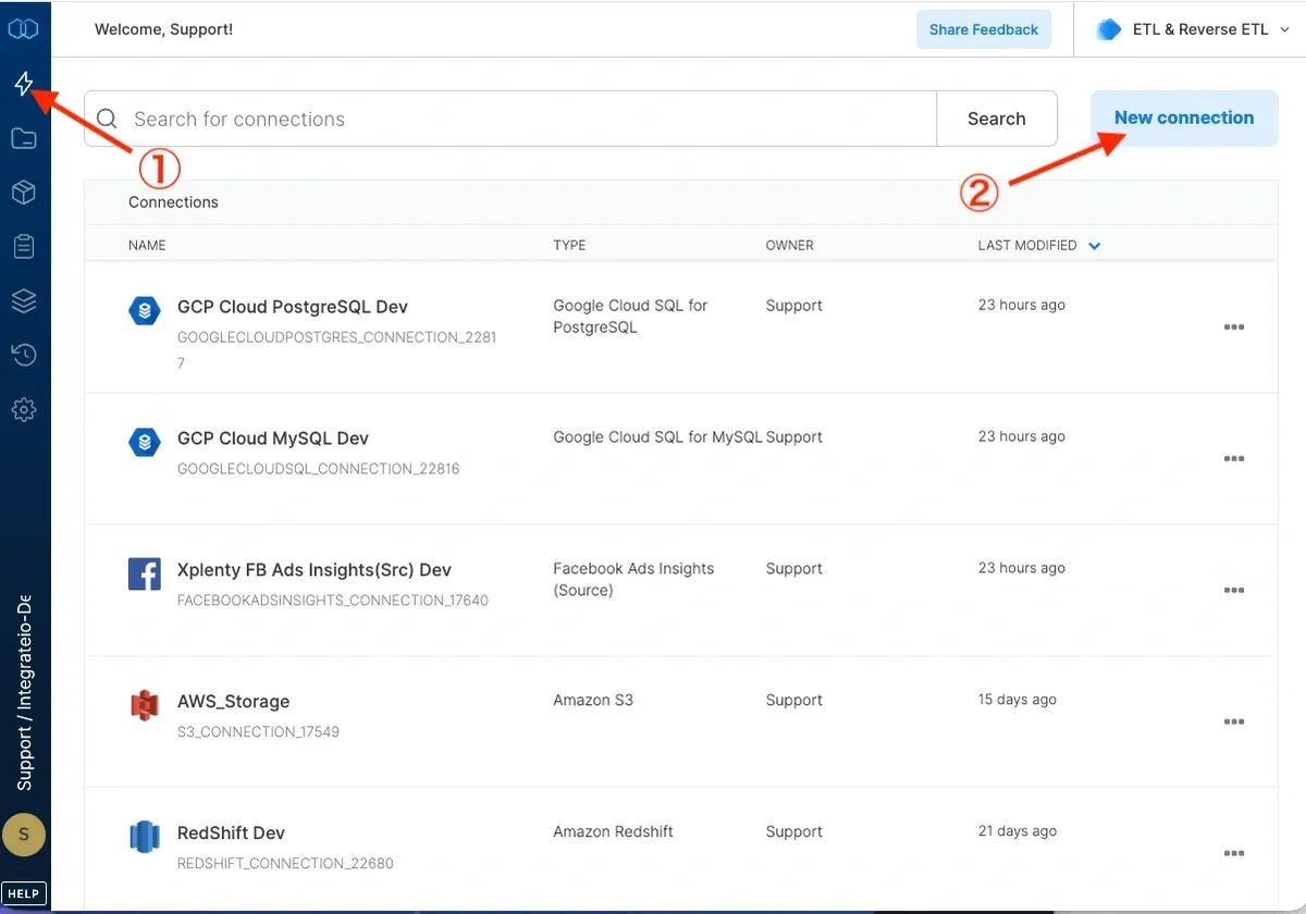 New connection button in the Connections page