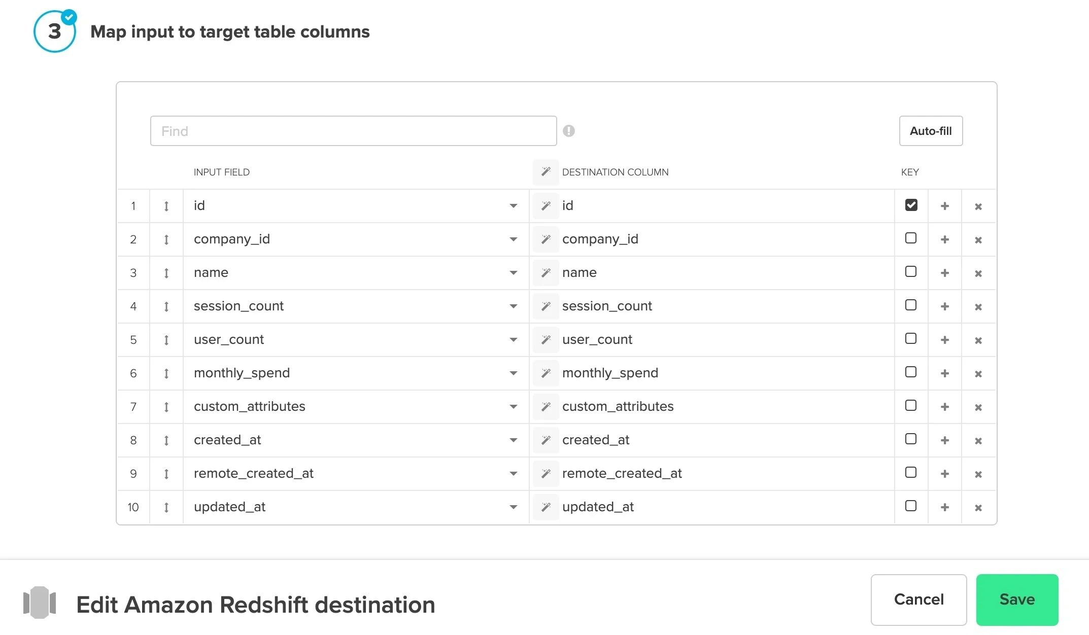 Schema mapping with auto-filled fields and merge key selection
