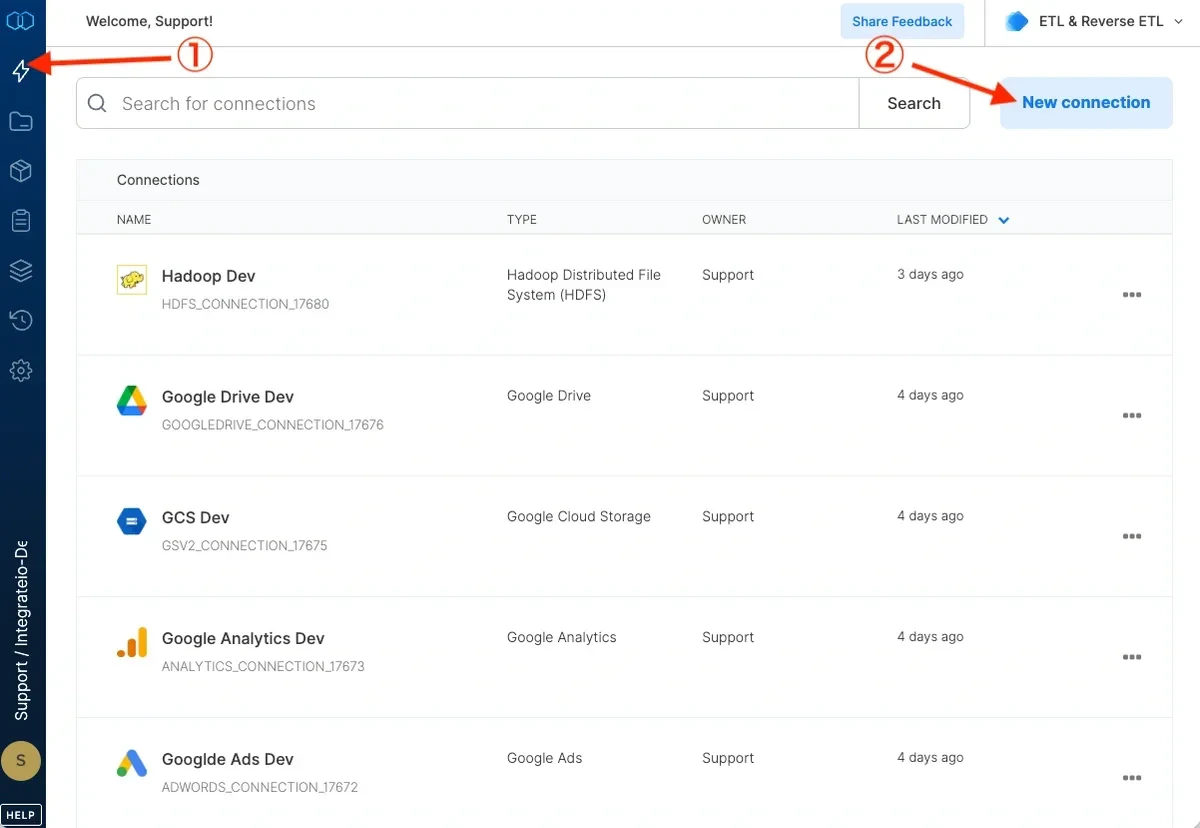 New connection button in the Connections menu