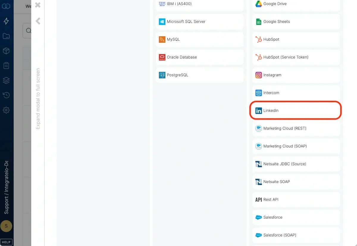 Selecting LinkedIn from the connection type list