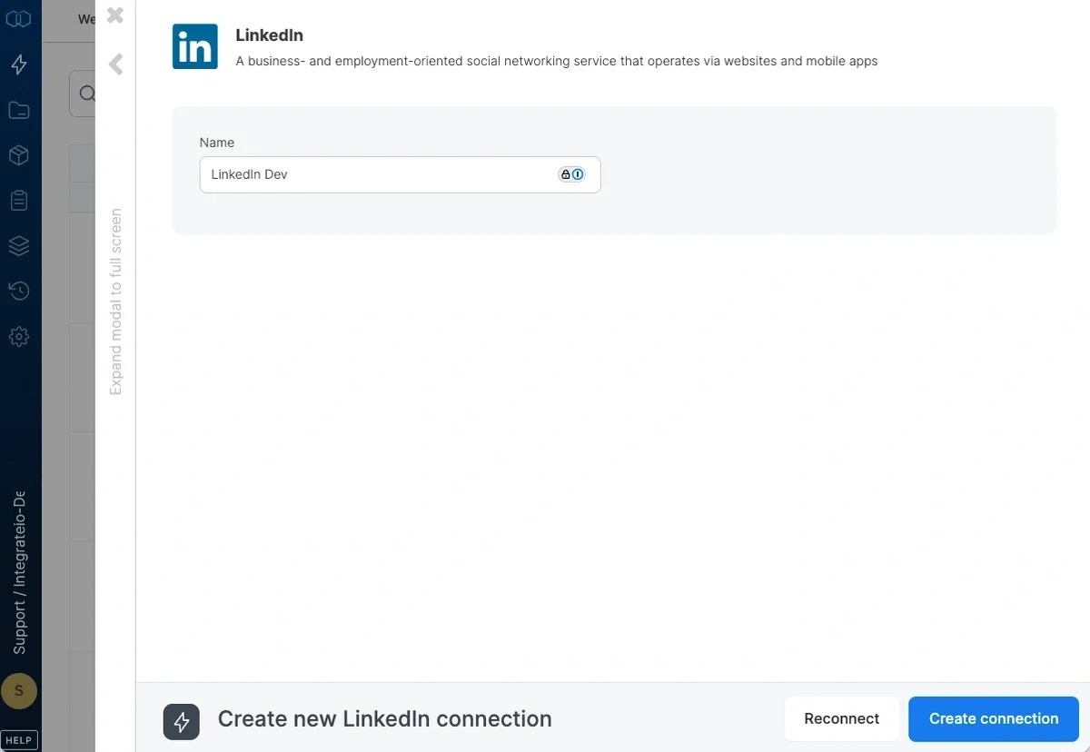 Naming the LinkedIn connection before creation