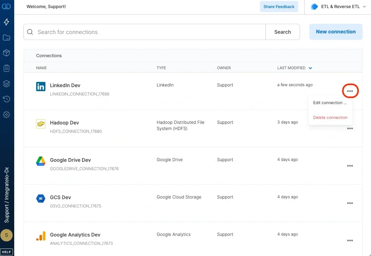 Delete connection option in the connection listing menu