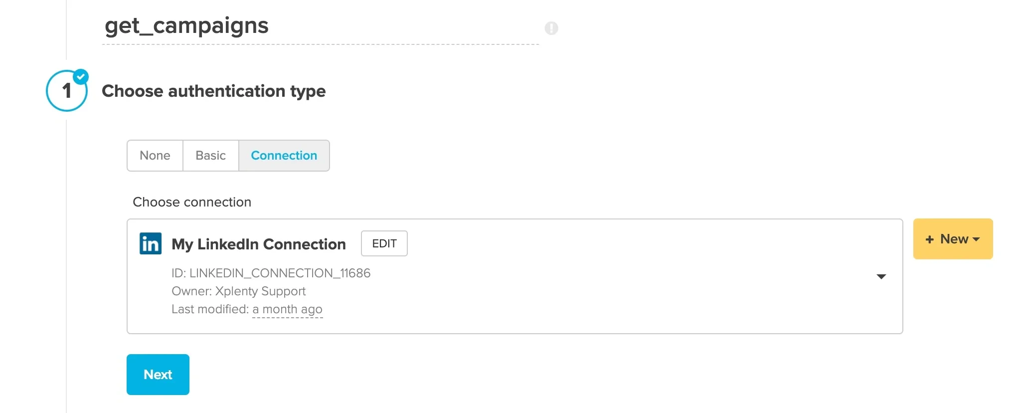 REST API component authentication with LinkedIn connection selected