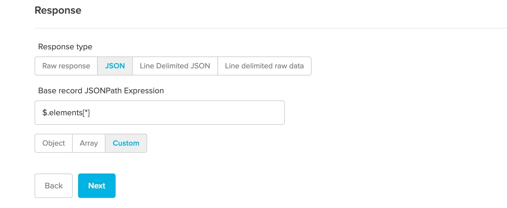 JSON response type with base record JSONPath expression