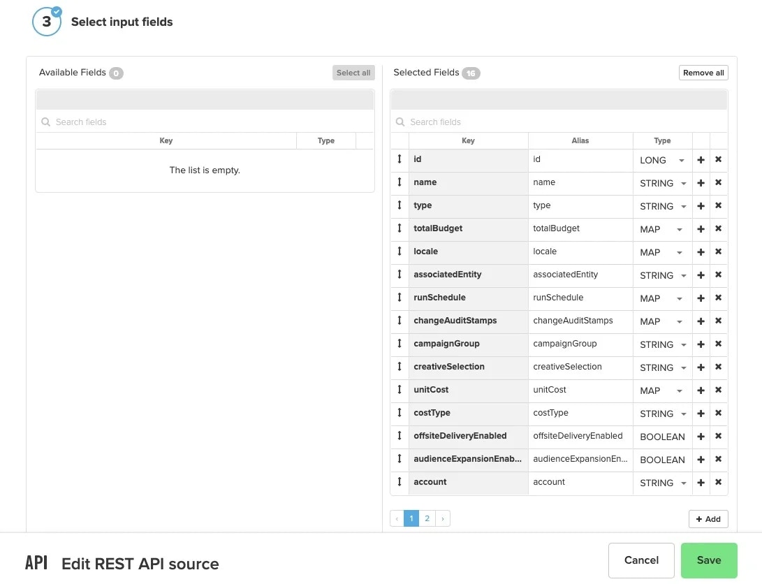 Input fields selection with available and selected fields