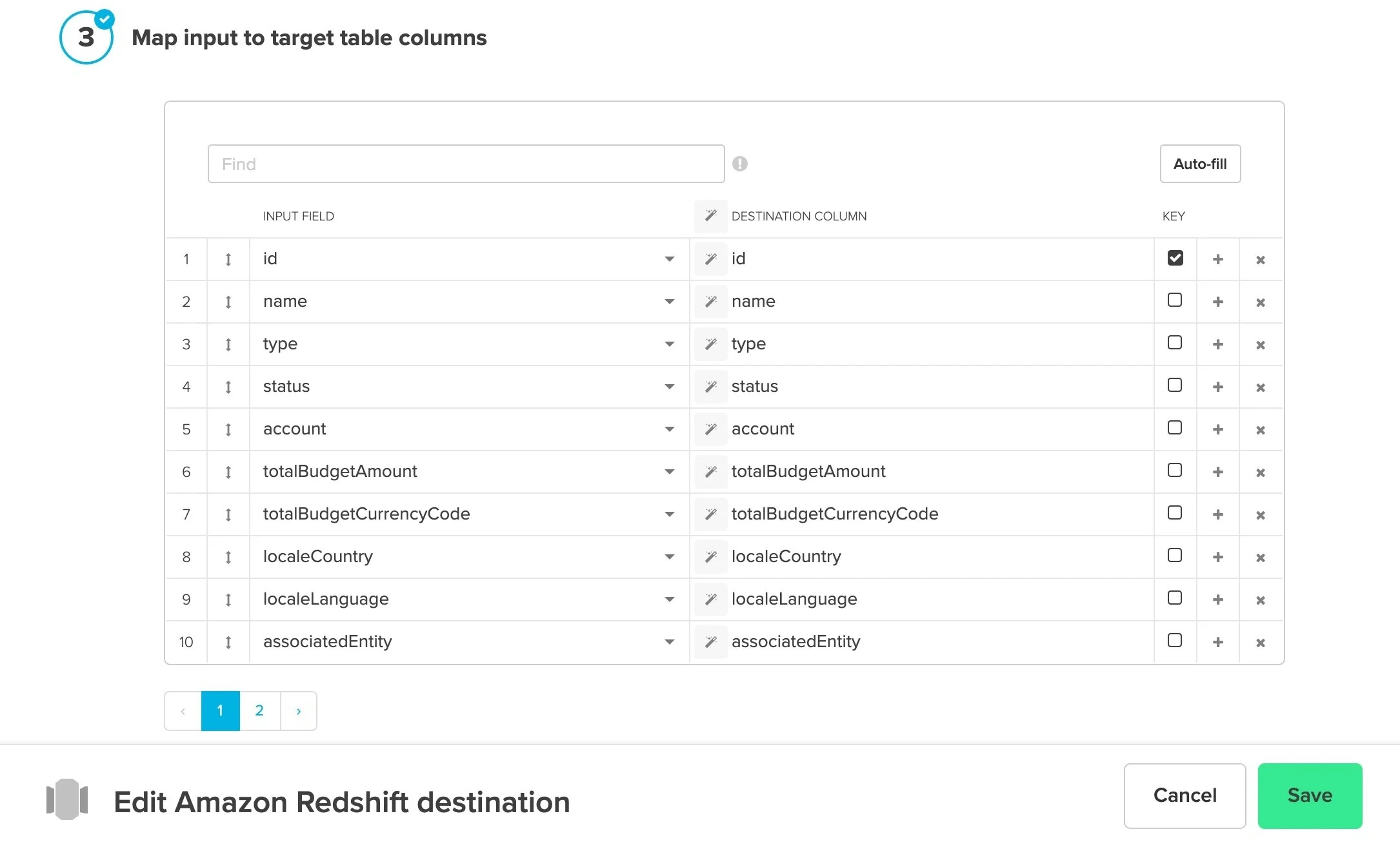 Schema mapping with auto-filled fields and merge key selection
