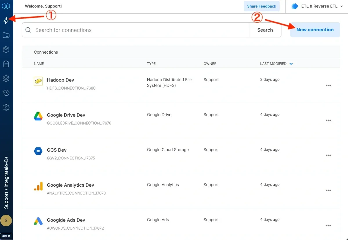 Connections page with New connection button