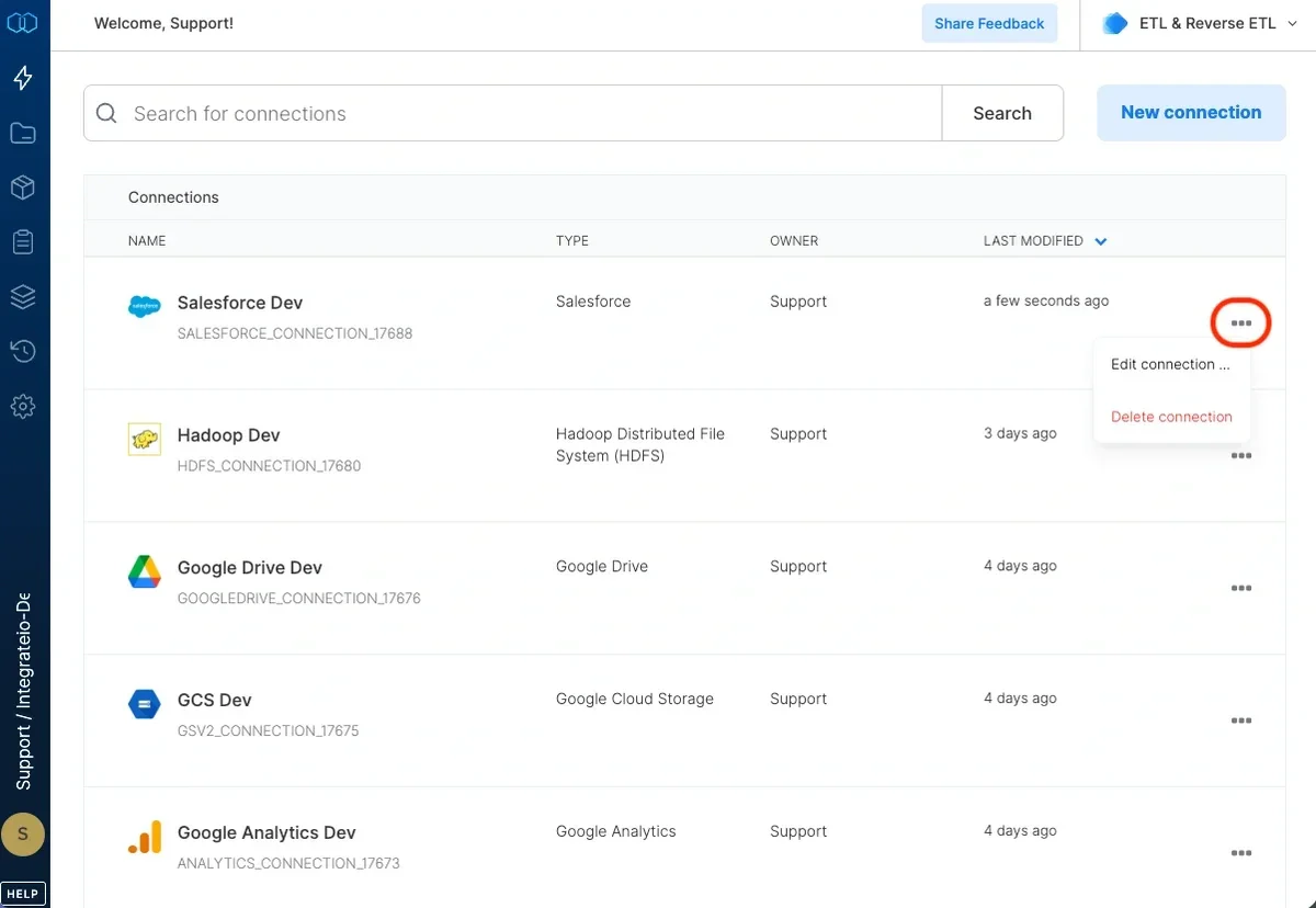 Delete connection option in the three-dot menu