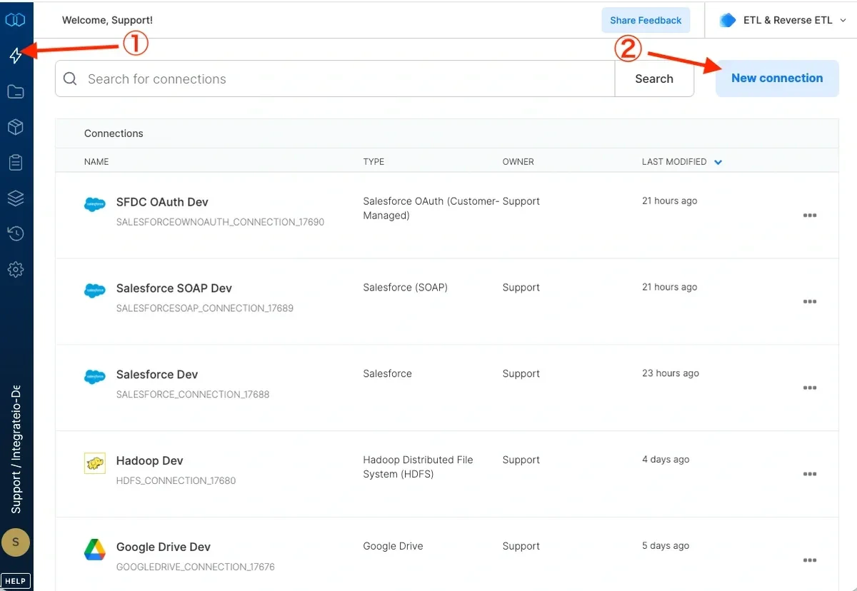 New connection button in the Connections menu