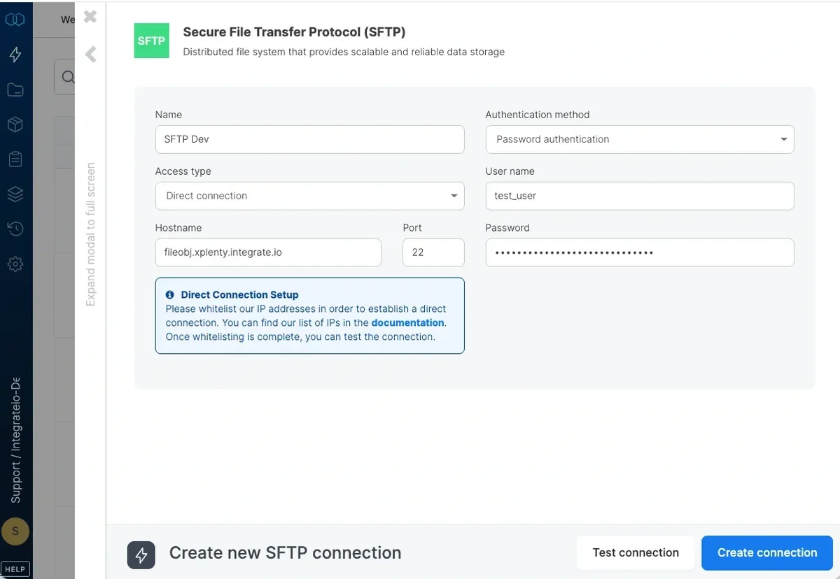 SFTP connection form with hostname, authentication, and port fields