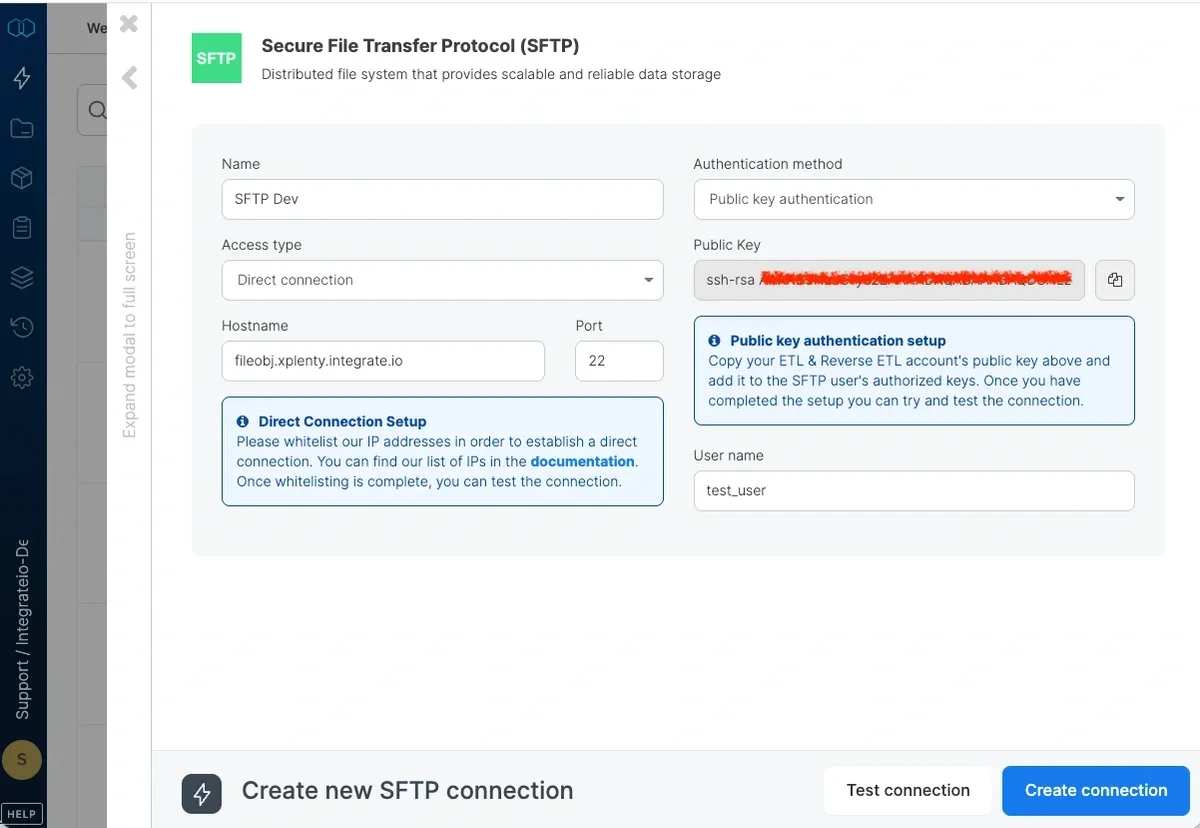 Create SFTP connection button to finalize setup