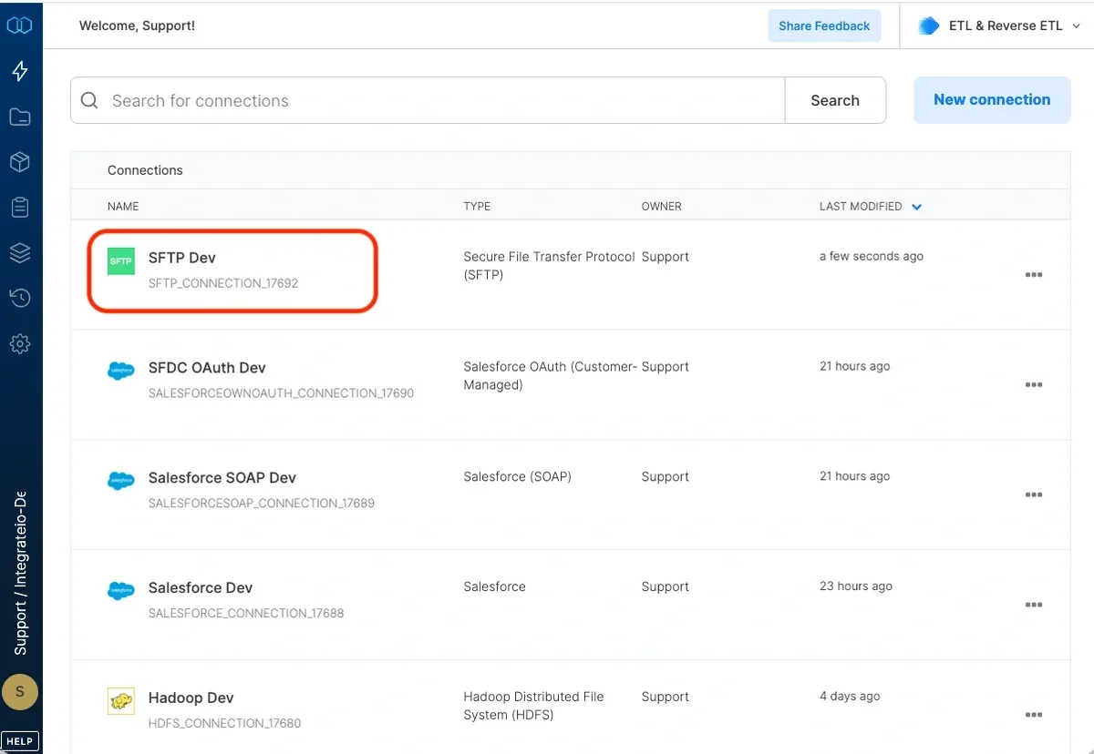 SFTP connection created and listed in connections