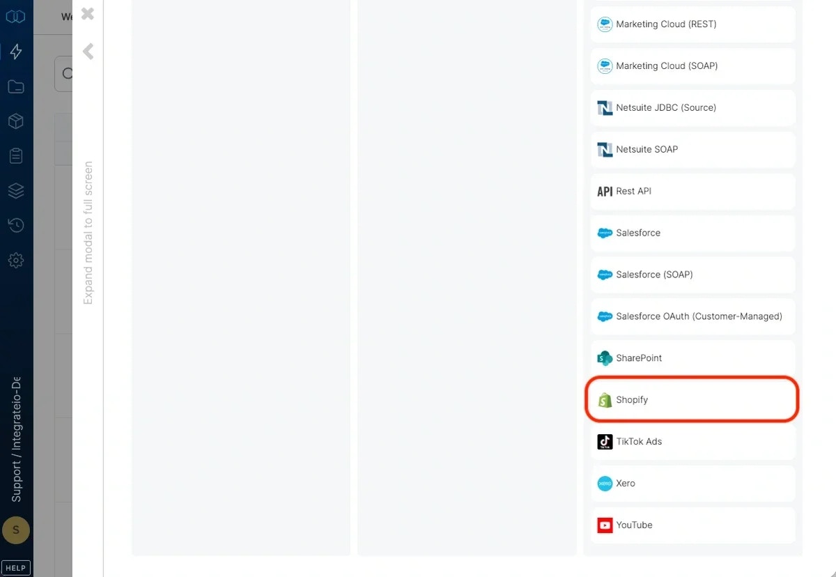 Selecting Shopify from the connection type list