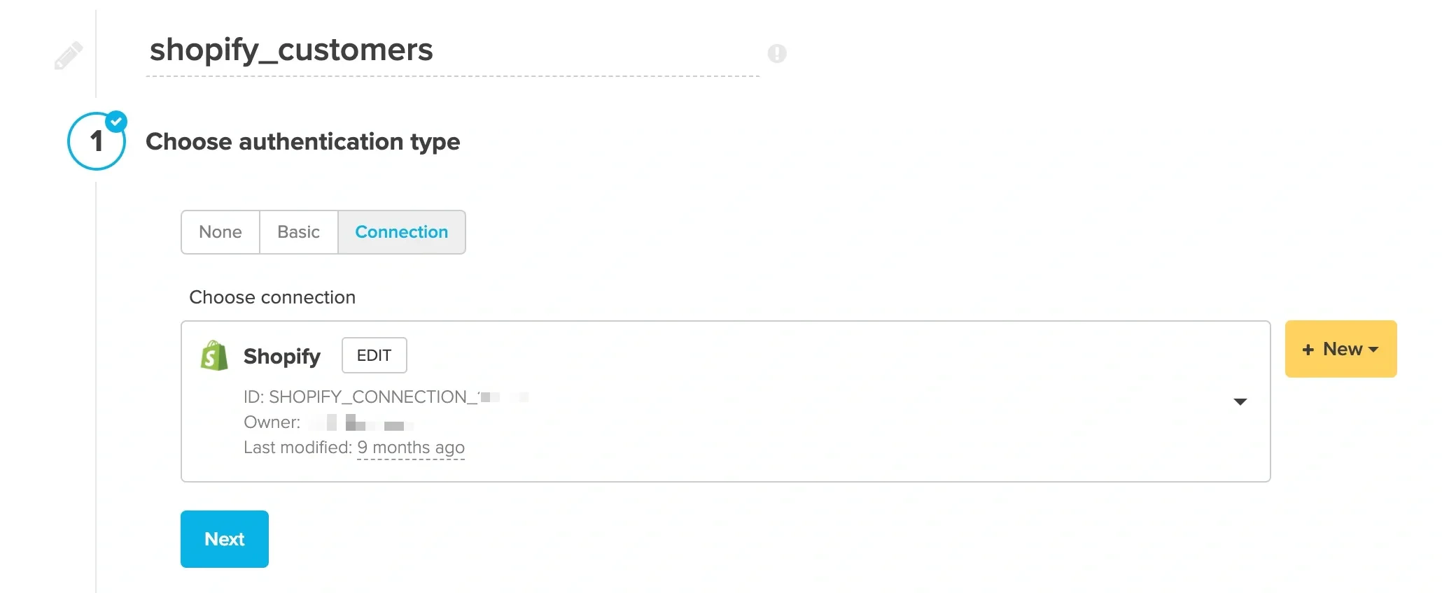REST API component authentication with Shopify connection selected