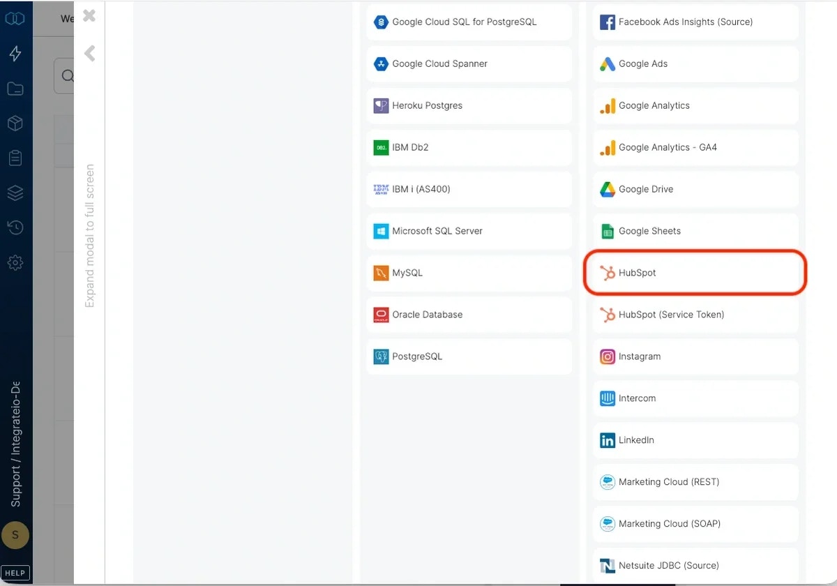 Selecting HubSpot from the connection type list