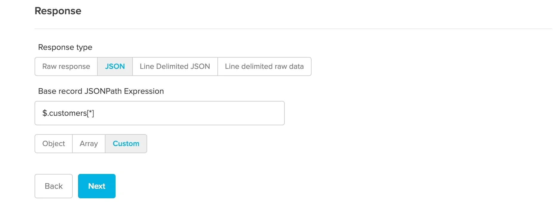 JSON response type with base record JSONPath expression