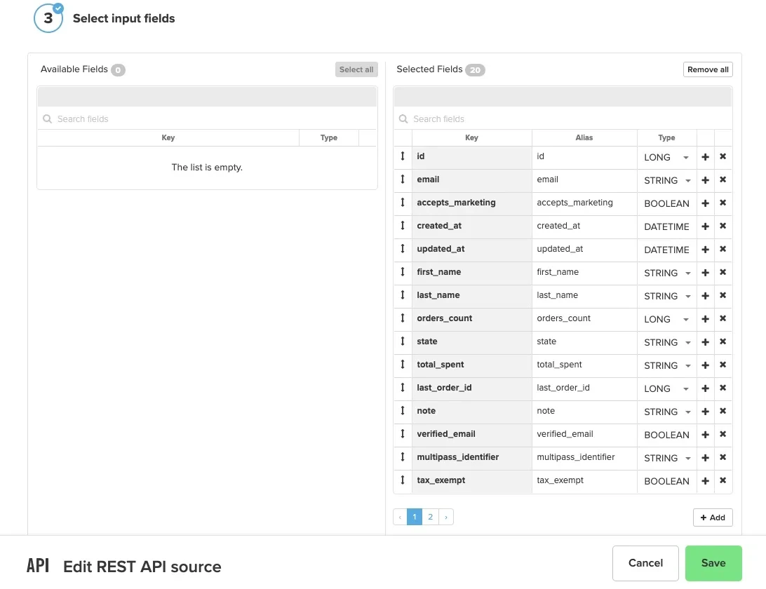 Input fields selection with available and selected fields