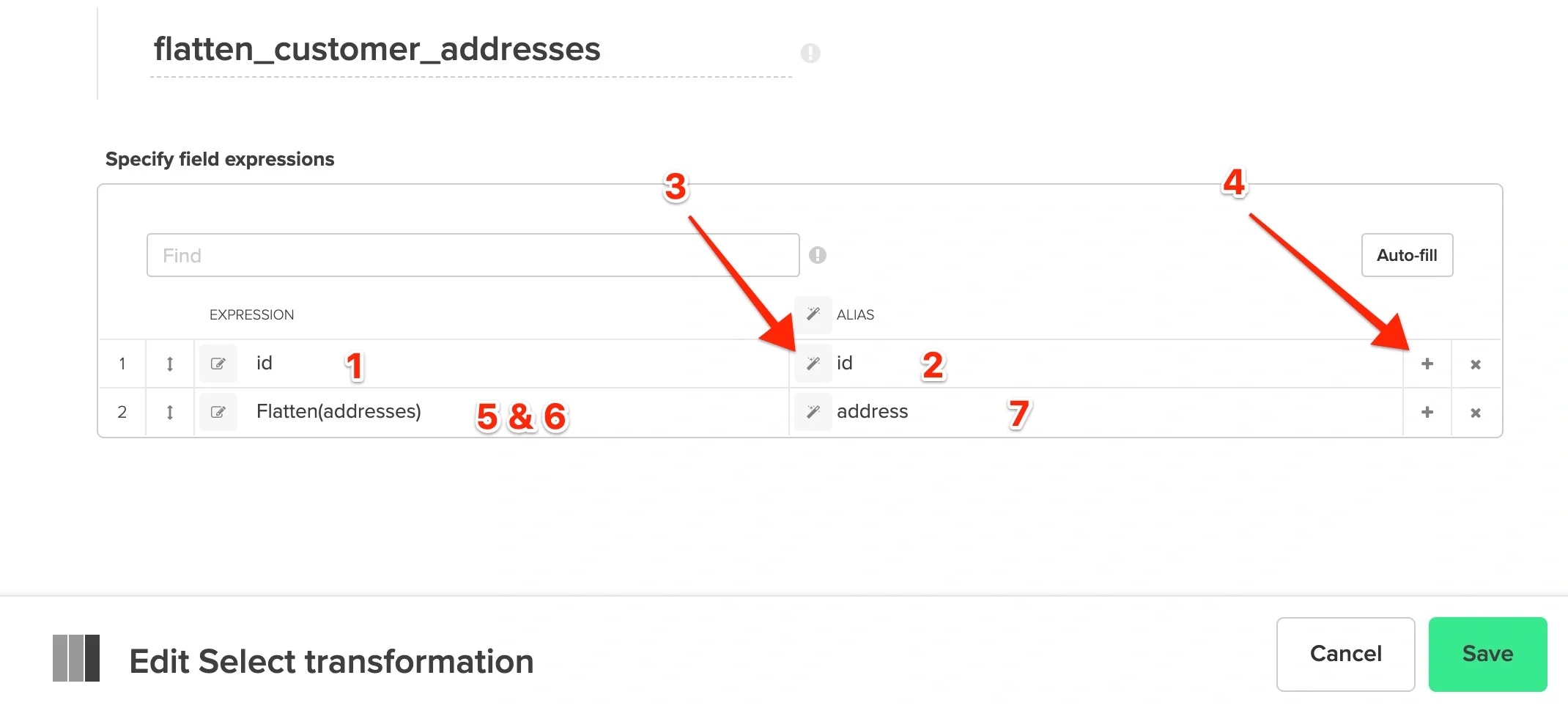 Select component flattening customer addresses with Flatten function