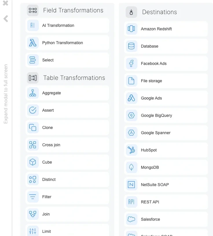Redshift destination component in the pipeline designer