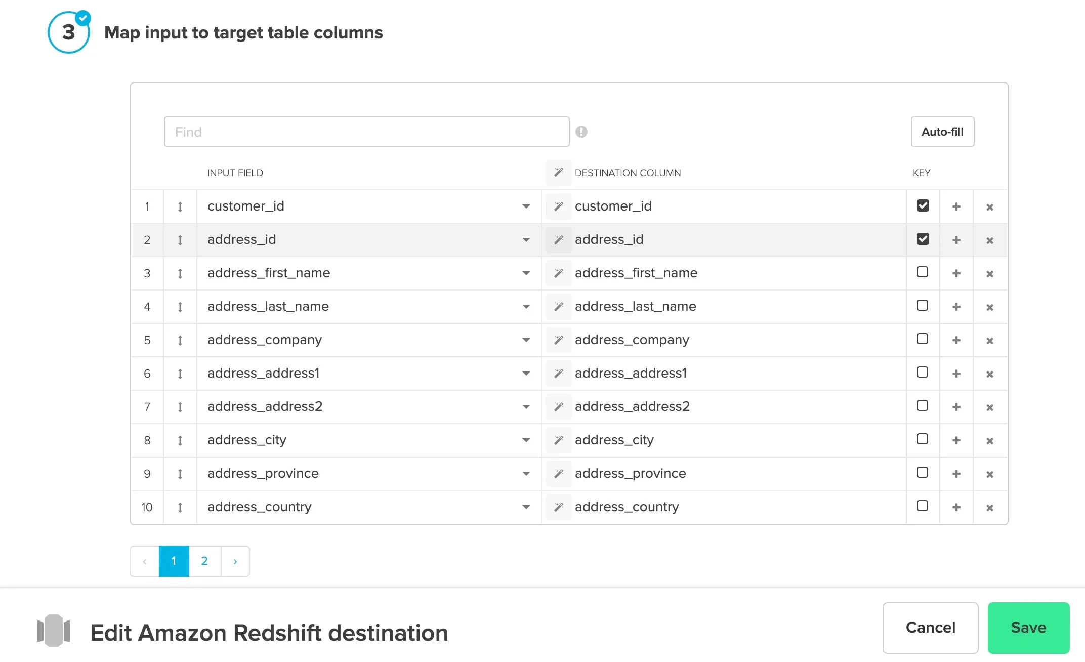Schema mapping with auto-filled fields and merge key selection