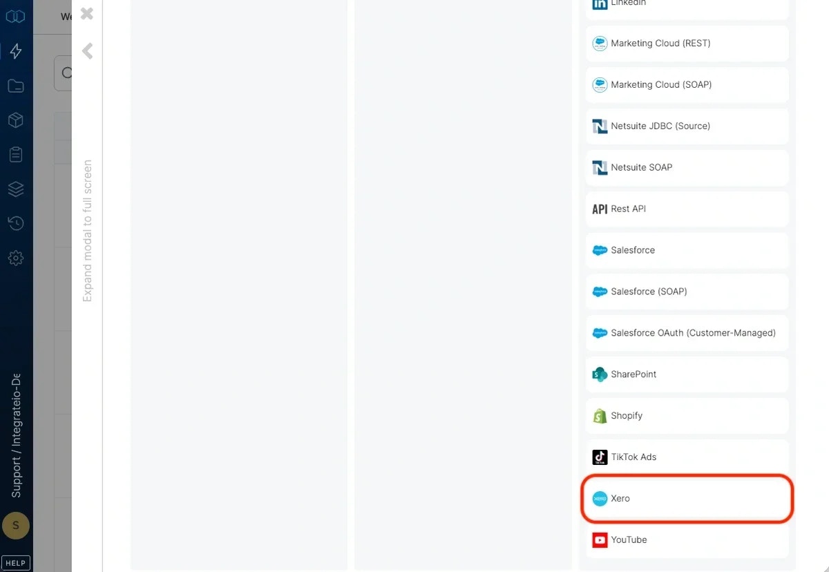 Selecting Xero from the connection type list