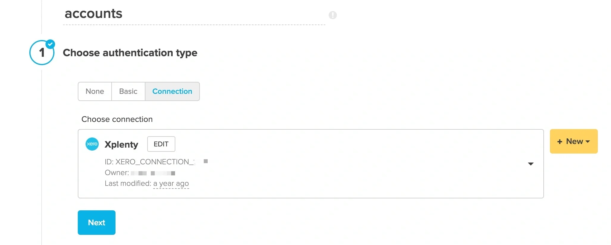 REST API component authentication with Xero connection selected