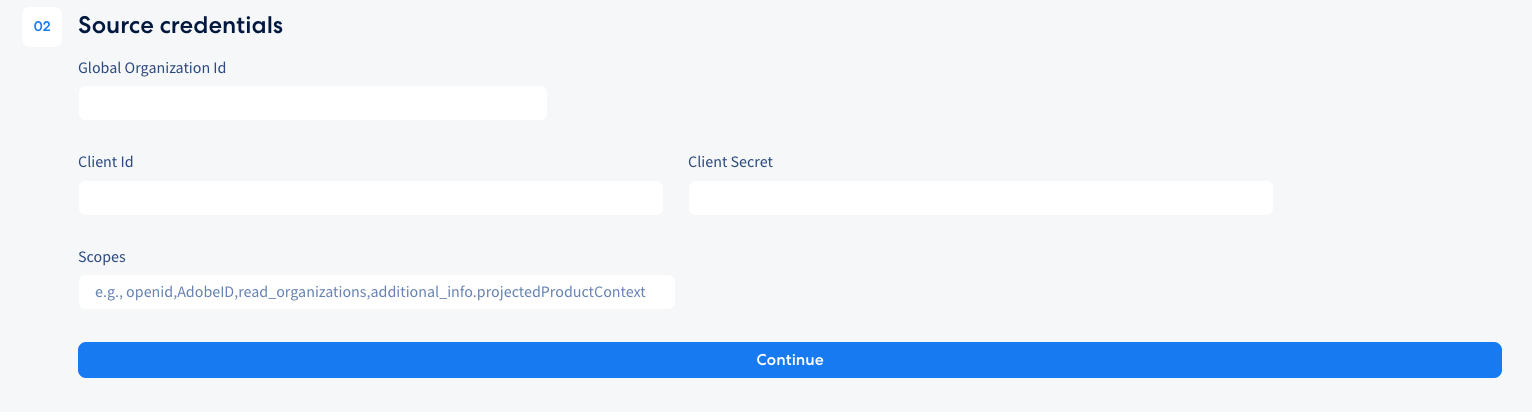 Integrate.io Adobe Analytics source form with Global Organization Id, Client Id, Client Secret and Scopes fields