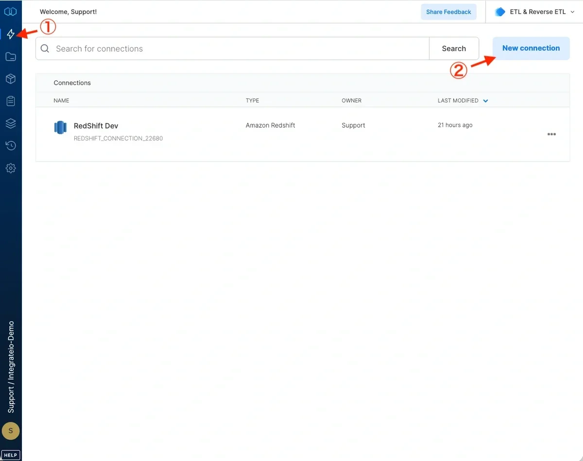 Connections page with New connection button