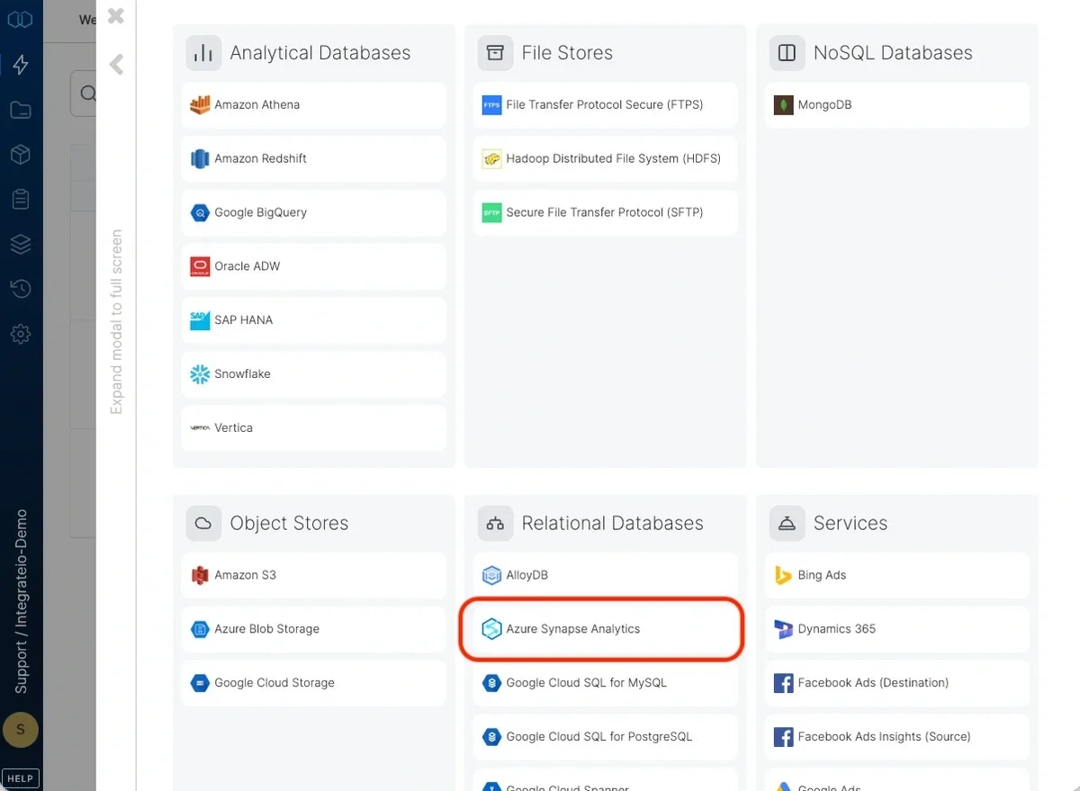 Selecting Azure Synapse Analytics as the connection type