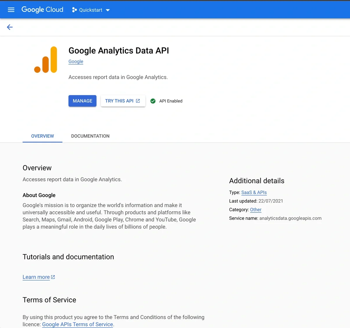 Enabling the Google Analytics Data API in Cloud Console