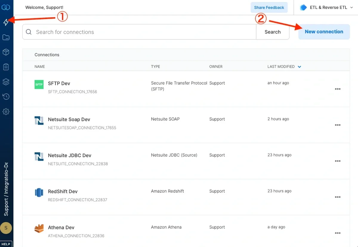 Connections tab showing available connection types
