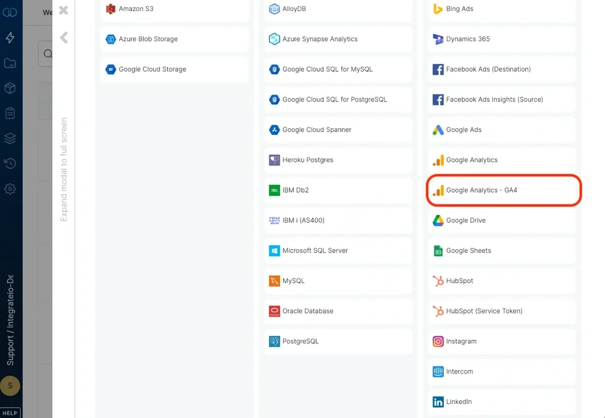 Selecting Google Analytics GA4 from the connection list