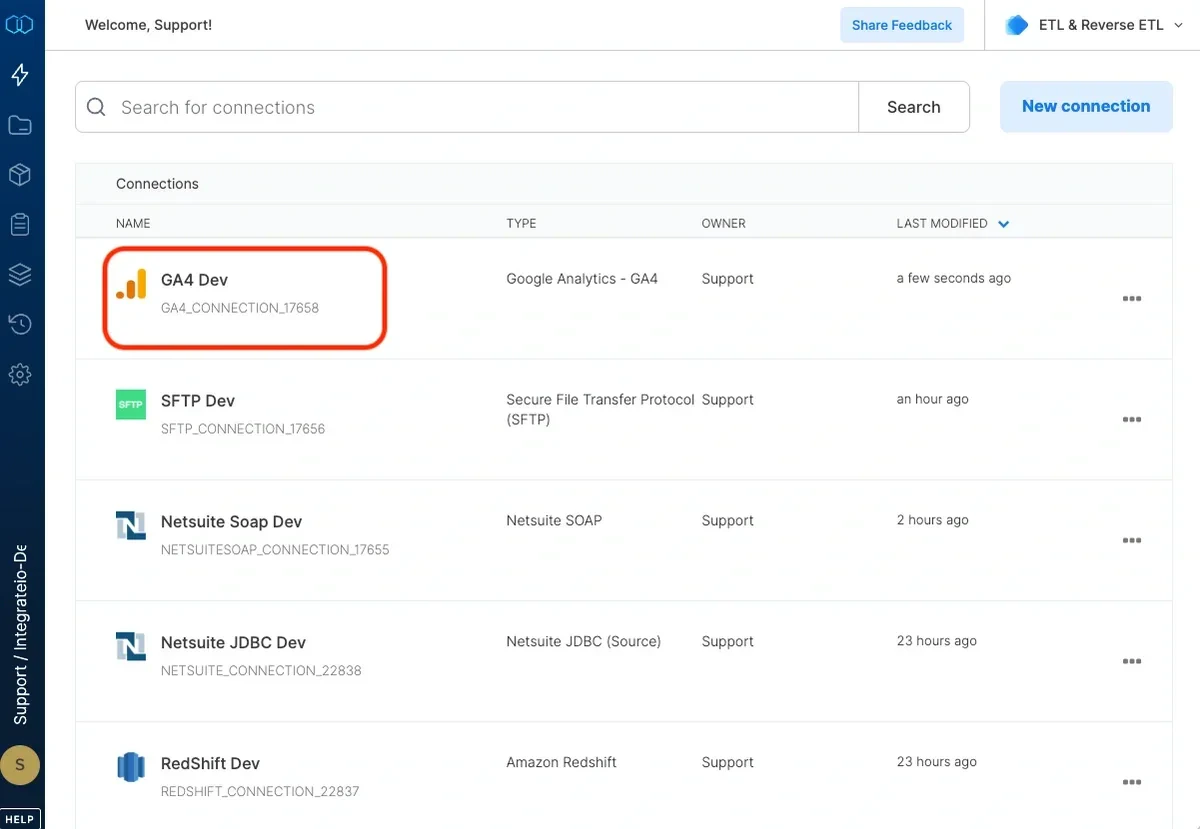 GA4 connection test successful with Create Connection button