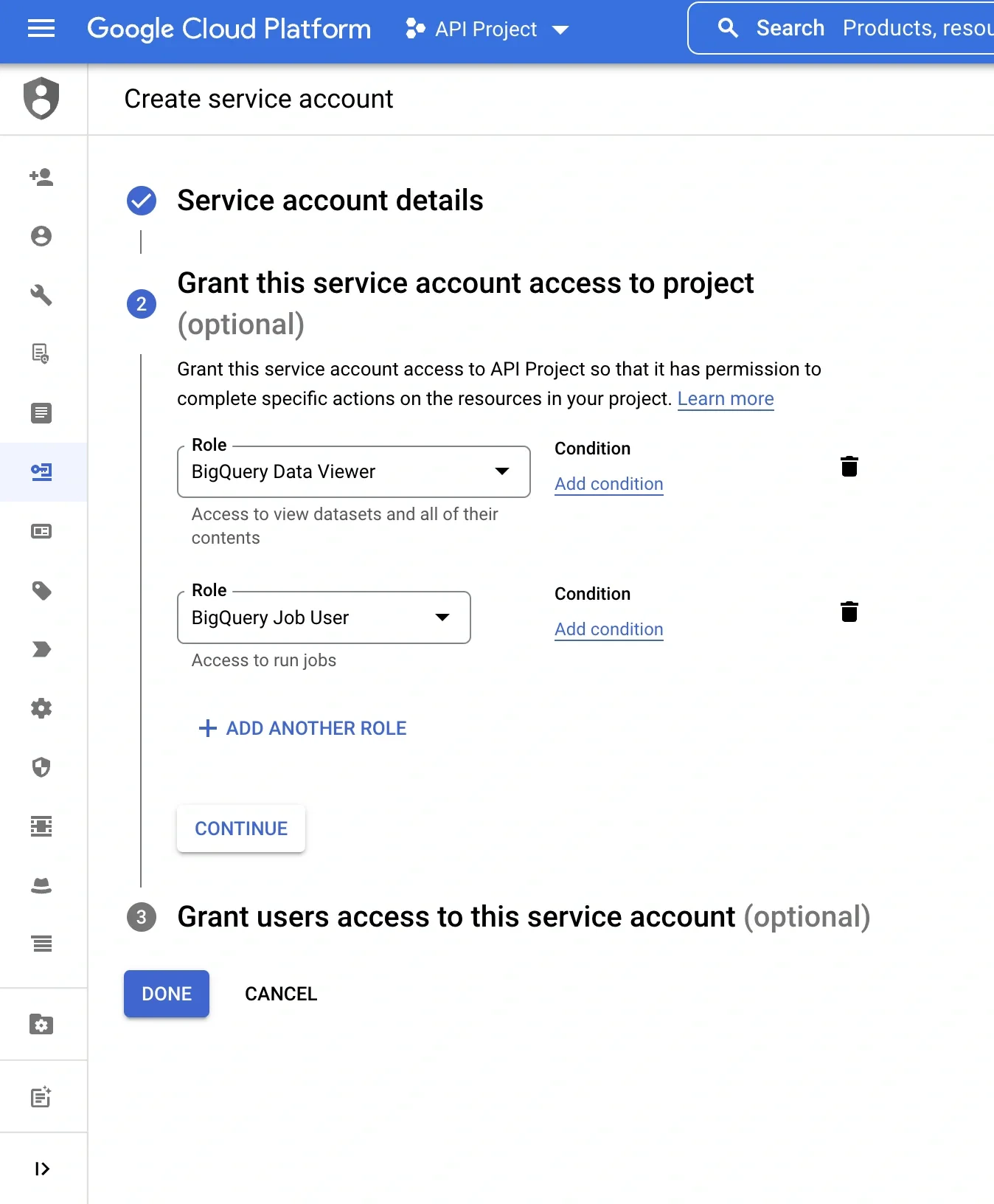 Granting BigQuery Data Viewer and Job User roles to service account